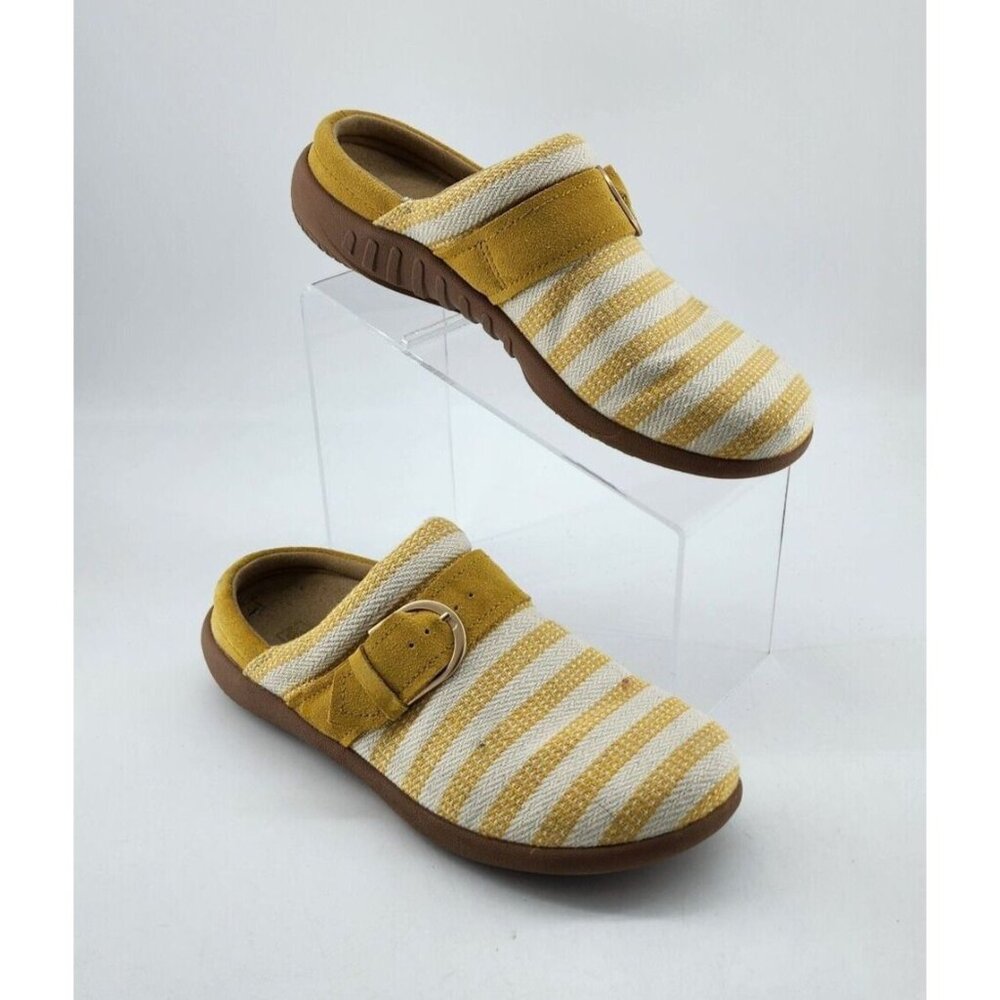 Spenco Women's Aria Orthotic Mules Clog Slide On Shoes Yellow/White Striped 8.5B